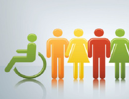 Image showing green icon for accessibility and four coloured icons of men and women holding hands.